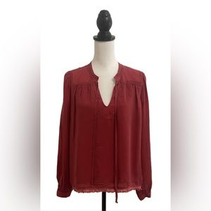 Maven West Ruby Red Cupro Long Sleeve Keyhole Tie Front Peasant Blouse SZ M EUC